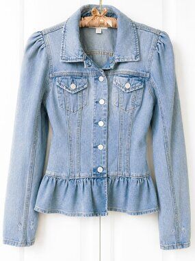 New Chelsea & Violet Denim Jean Jacket Fitted Puff Sleeve Peplum Cropped | XS